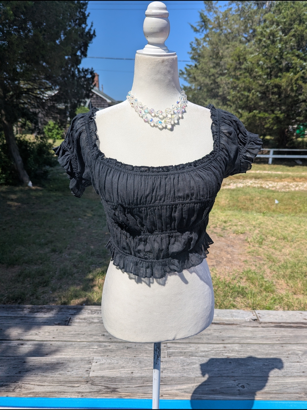 Free People Black Smocked Puff-Sleeve Crop Top - Picture 3 of 11